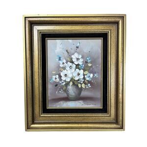 Vintage Floral Oil Painting | Gold Framed Wall Art, Mid-Century Moody Still Life